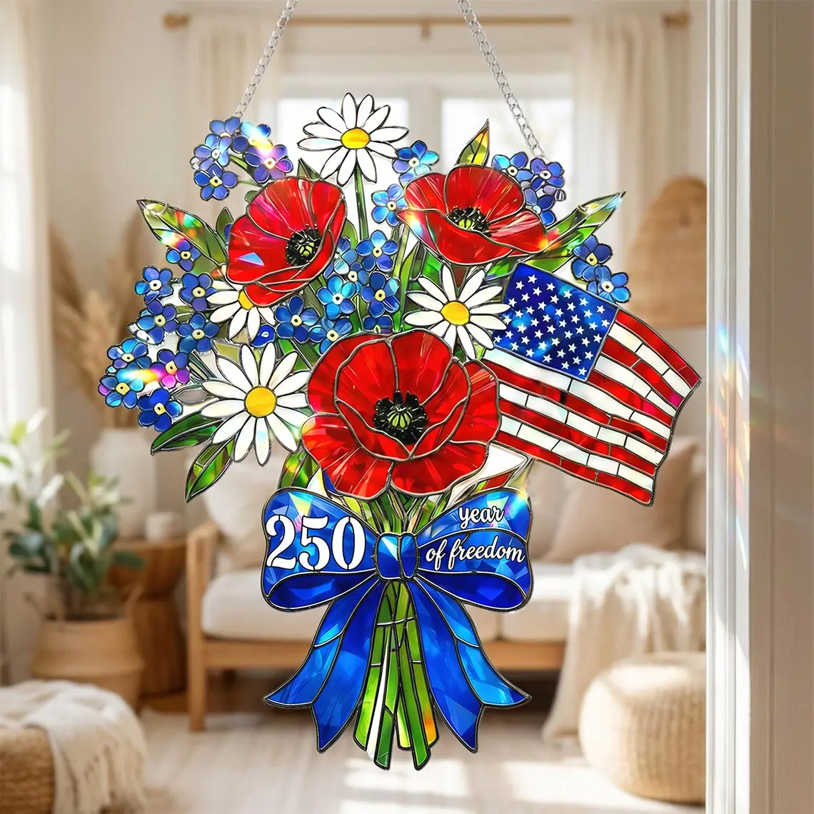 4th of July Suncatcher – Patriotic Flower Holographic Acrylic Flag Jar USA Window Decor