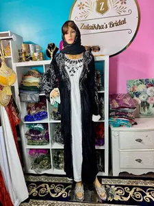 Muslim Luxury Crystal Velvet Abaya with Luxurious Belt, Inner Chiffon Dress & Stylish Chiffon Scarf, Elegant Design black