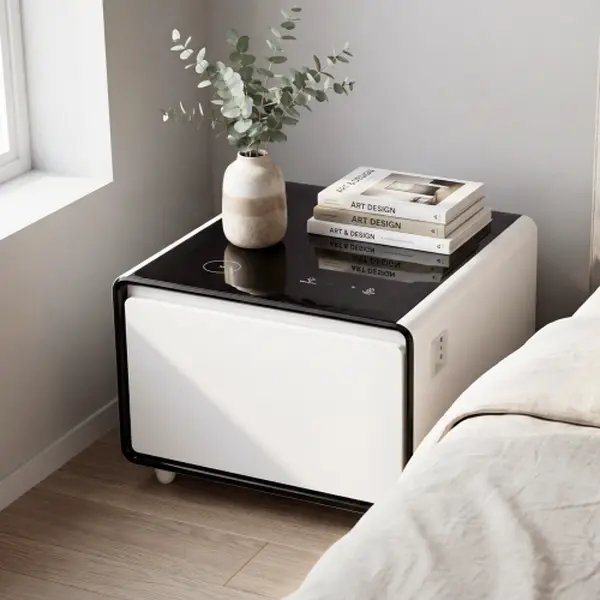 Modern Smart Side Table with Built-in Refrigerator Drawer, 15W Wireless Charging, USB/Type-C Ports, Power Outlets, Motion Sensor Light & Temperature Control
