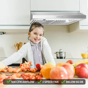 Under Cabinet Range Hood 30 Inch, Stainless Steel Range Hood with Baffle Filters, Ductless Kitchen Vent Hood Fan 500 CFM, 3 Speed Exhaust Fan US0475BT Led Home Carbon Durable