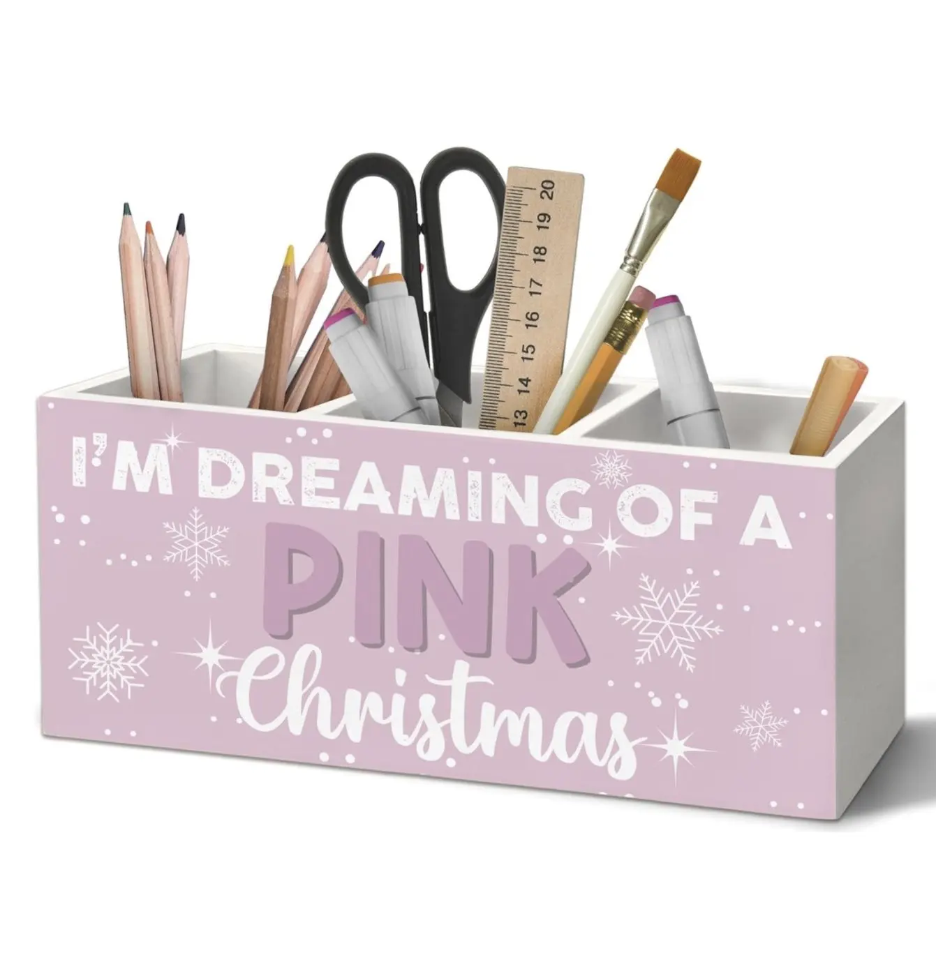 Pink Christmas Pen Holder Organizer for Desk Accessories, I'm Dreaming of a Pink Christmas Wooden Box Sign Desk Decorations for Girly Room Bedroom Dorm Decor, Girly Office Supplies