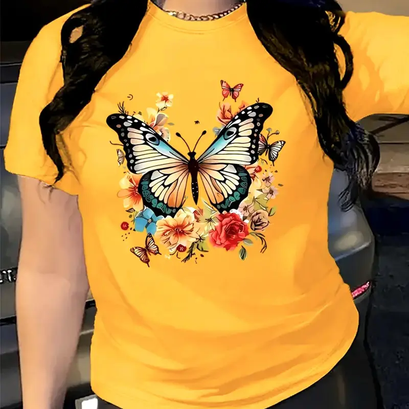 Women's Butterfly Floral Print Round Neck Tee, Fashion Casual Crew Neck T-Shirt for Daily Holiday Vacation Outdoor Wear, Ladies Clothes for Summer, Top