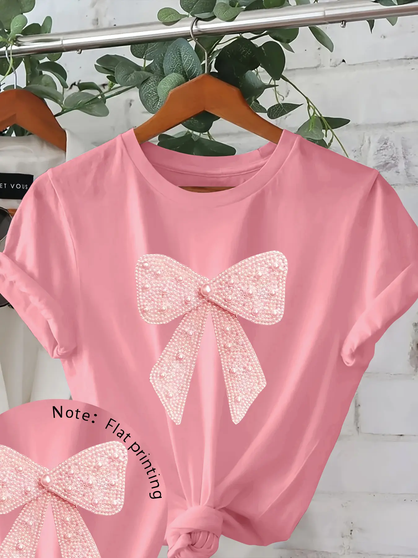 Women's Round Neck Casual Chic Fitted T-Shirt Top, Soft Flash Pearl Bow Print, Comfortable Skin-Friendly, Sweet Dollar Atmosphere, Casual Daily, Womenswear, Everyday