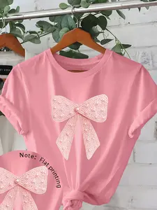 Women's Round Neck Casual Chic Fitted T-Shirt Top, Soft Flash Pearl Bow Print, Comfortable Skin-Friendly, Sweet Dollar Atmosphere, Casual Daily, Womenswear, Everyday