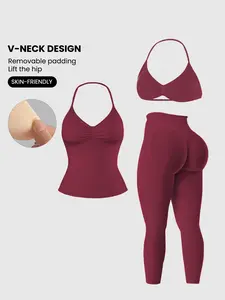 Women's 3-Piece Sports Set, Halter Top + Bra + High Waist Leggings, Detachable Padding, Fitness Outdoor Running Yoga Wear, Workout Running Clothes