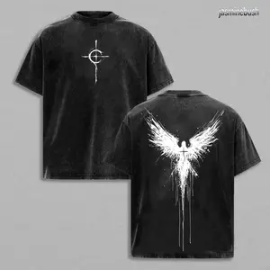 Oversized Gothic Angel Wings T-Shirt: Washed Heavy Cotton, Vintage Streetwear Round Neck Casual