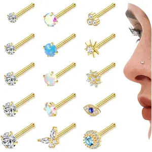 15Pcs 14K Gold Filled Nose Rings Studs 20G Surgical Stainless Steel L Shaped Nose Studs Genuine Opal CZ Nose Piercing Jewelry for Women Men