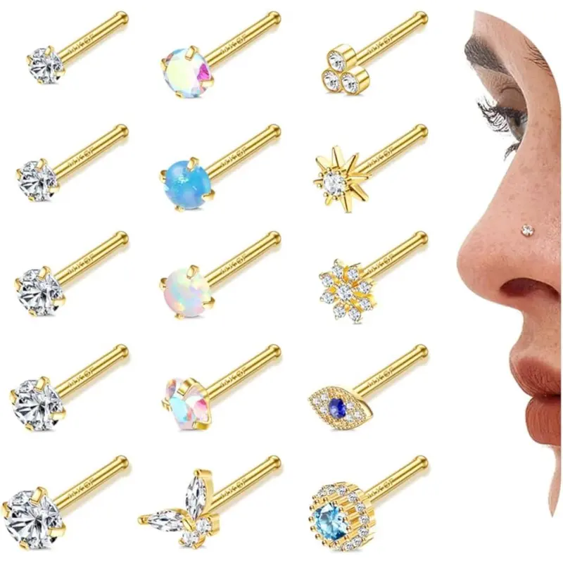 ZELORES 15Pcs 20G 14K Gold Filled L-Shaped Nose Studs, Surgical Stainless Steel Nose Rings with Genuine Opal CZ, Unisex Body Jewelry for Women Men, Unisex Jewelry, Nose Ring Jewelry, Glamorous