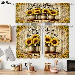 3pcs 2D Flat, 2D Flat. 3pcs Set Sunflower Kitchen Theme Curtain Set Bless My Kitchen Summer Harvest High Quality Kitchen Decoration Kitchen Curtains., 2D Flat