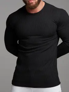 Men's Solid Stripe Round Neck Long-Sleeve Tee, Regular Fit, New Vertical Stripe Base Layer, Casual Sports Pullover for All-Season Daily Wear, Outdoor Fitness Top, Classic Versatile Inner/Standalone, Today's Clearance, Focus Item, Wardrobe Essential.