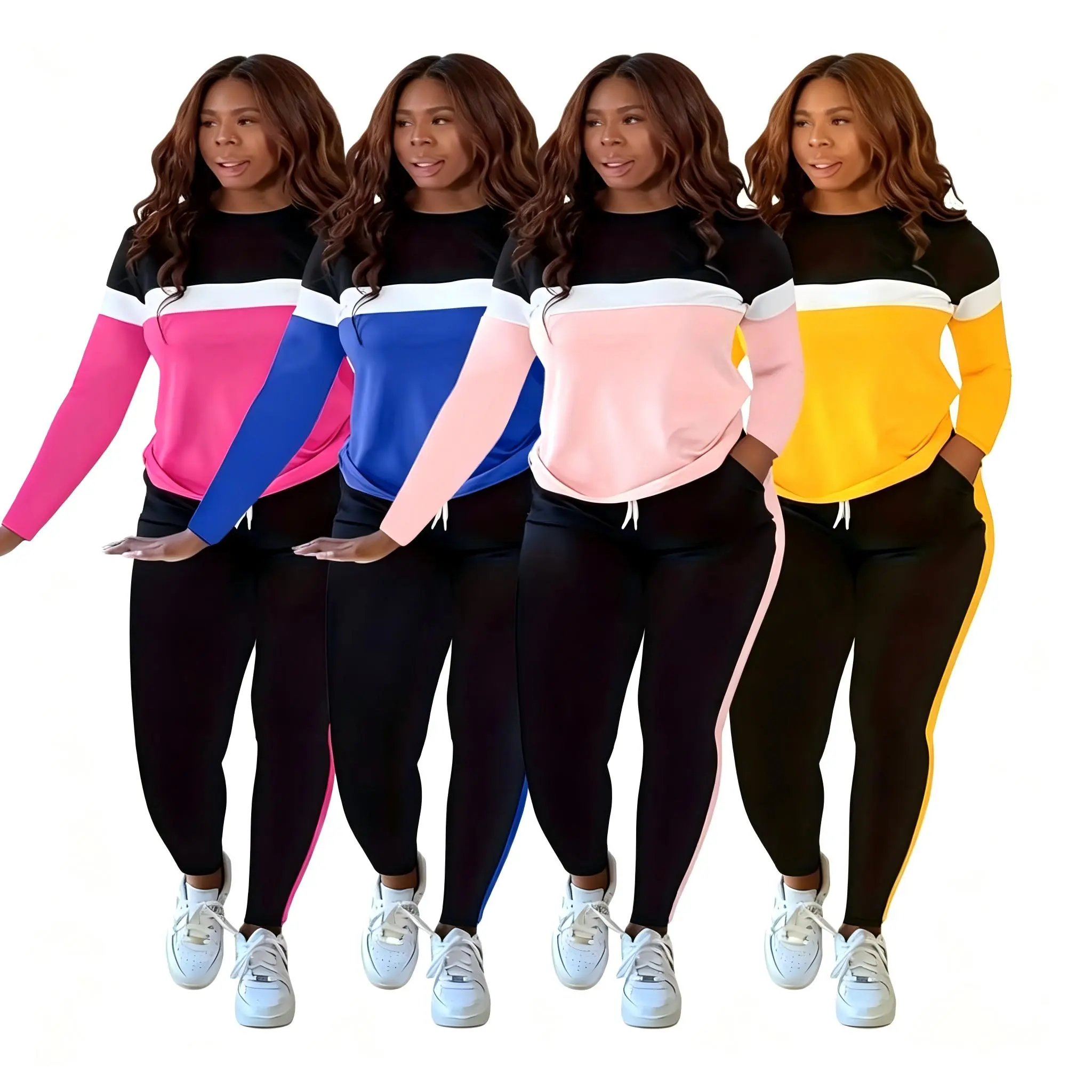 Plus-Size Athletic Striped Round-Neck Long-Sleeve Top and Long Pants Two-Piece Set