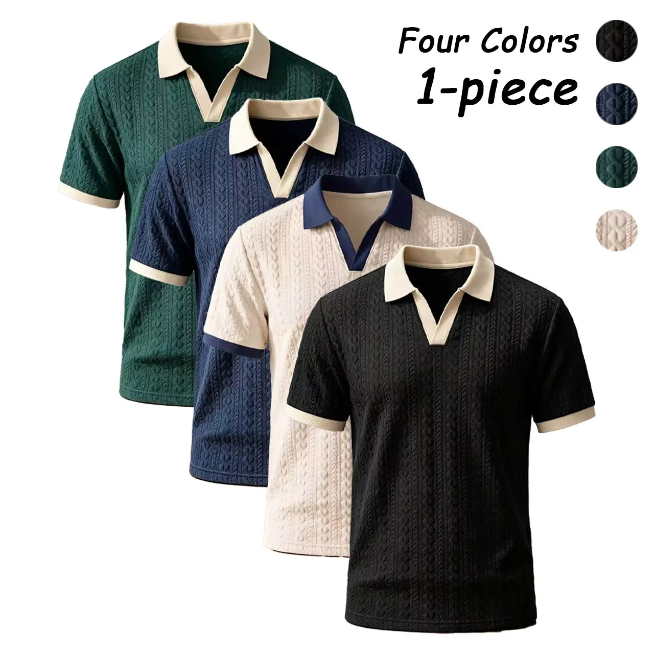 Men's Slim-Fitted Basic A-Type Polo Shirt - Textured Twist Pattern, V-Neck, Contrast Color Lapel Short Sleeves, Breathable Knit, All Seasons, Holiday, Everyday & Summer Commuting Wear, Contrast Color Lapel Sleeves, Casual, Menswear, Tops, Stylish, Chic, N