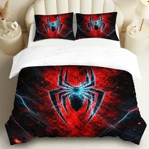 3PCS Duvet Cover Set, 1 Duvet+2 Pillowcases(Without filler), Red Spider Web Graphic Hero Cosmic theme, Halloween bedding set, superhero design Suitable for decoration bedroom, dorm, living room, guest room.