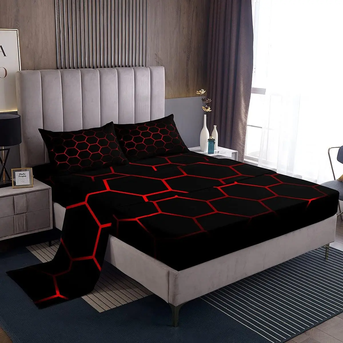Feelyou Honeycomb Bedding Set - Modern Hexagon Theme Bedsheet Set, Colorful Grid Art Neon Decor Red Black Soft Breathable Sheet, Bedsheet Sets