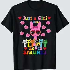 Youth and Adult Just a Girl Who Loves Sprunki T-Shirt, Sprunki Youngsters' Colorful Cartoon Character Cotton T-Shirt, Funny Graphic Design, Gift for Boys Girls, Youth Clothing