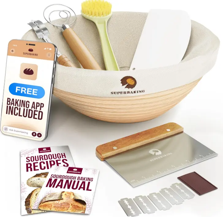 Superbaking Banneton Bread Proofing Basket, Sourdough Bread Baking Supplies, Round 9 Inch Sourdough Starter Kit, Proofing Basket for Baking, Bread Making Supplies Tools, Banneton Basket Gift Set