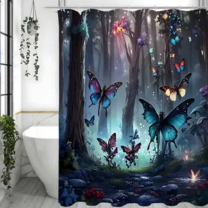 1pc Enchanting Forest Butterfly Shower Curtain - Waterproof & Mildew-Resistant - Includes Easy-Glide Hooks, Perfect for Bathroom Decor & Bathtub Privacy