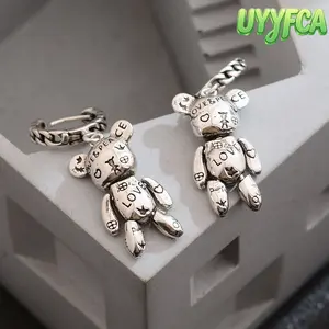 Women's 925 Sterling Silver Huggie Hoop Earrings, Jewelry Vintage Articulated Bear Dangle Earrings, Graffiti Print Love & Peace Charm, Hypoallergenic Lightweight Retro Jewelry for Daily Wear, Party, Casual Occasions and Gift Giving summervibes,summerwins