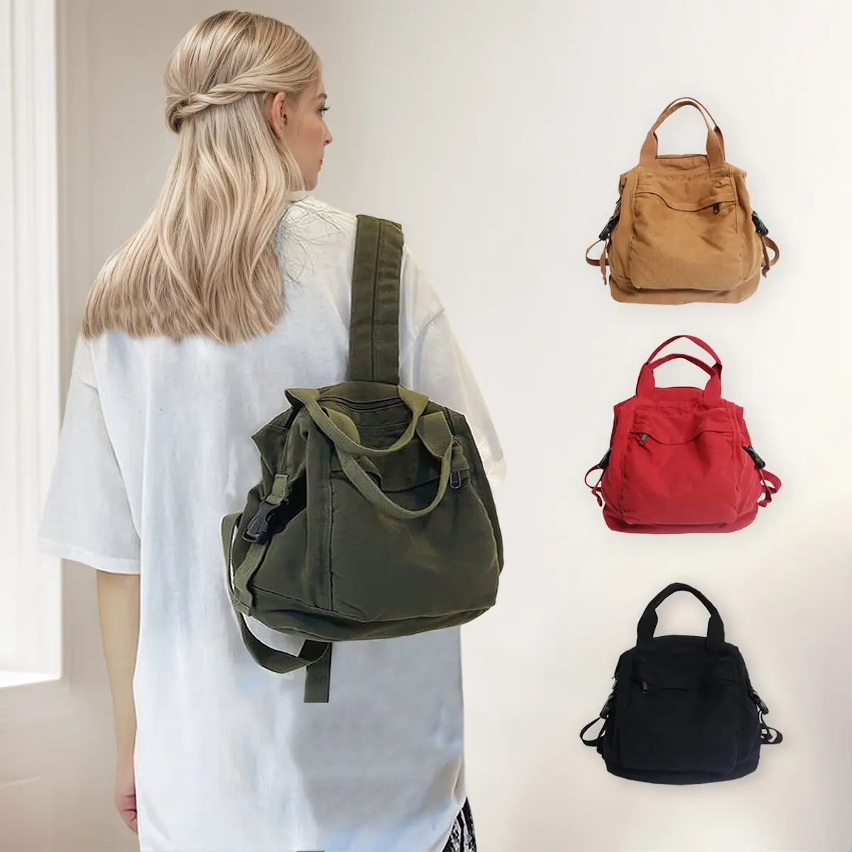 Unisex Vintage Canvas Rucksack, Casual Solid Color Multi-Compartment Travel Bag with Double Top-Handle, Vintage Backpack, Daily Backpack, Casual Backpack, On The Road