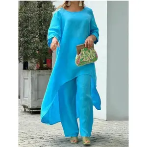 Women's Cotton Linen Long Pants Sets Fashion Solid Casual Irregular Tops Wide Leg Pant Suits Office Lady Two Piece Sets Clothes