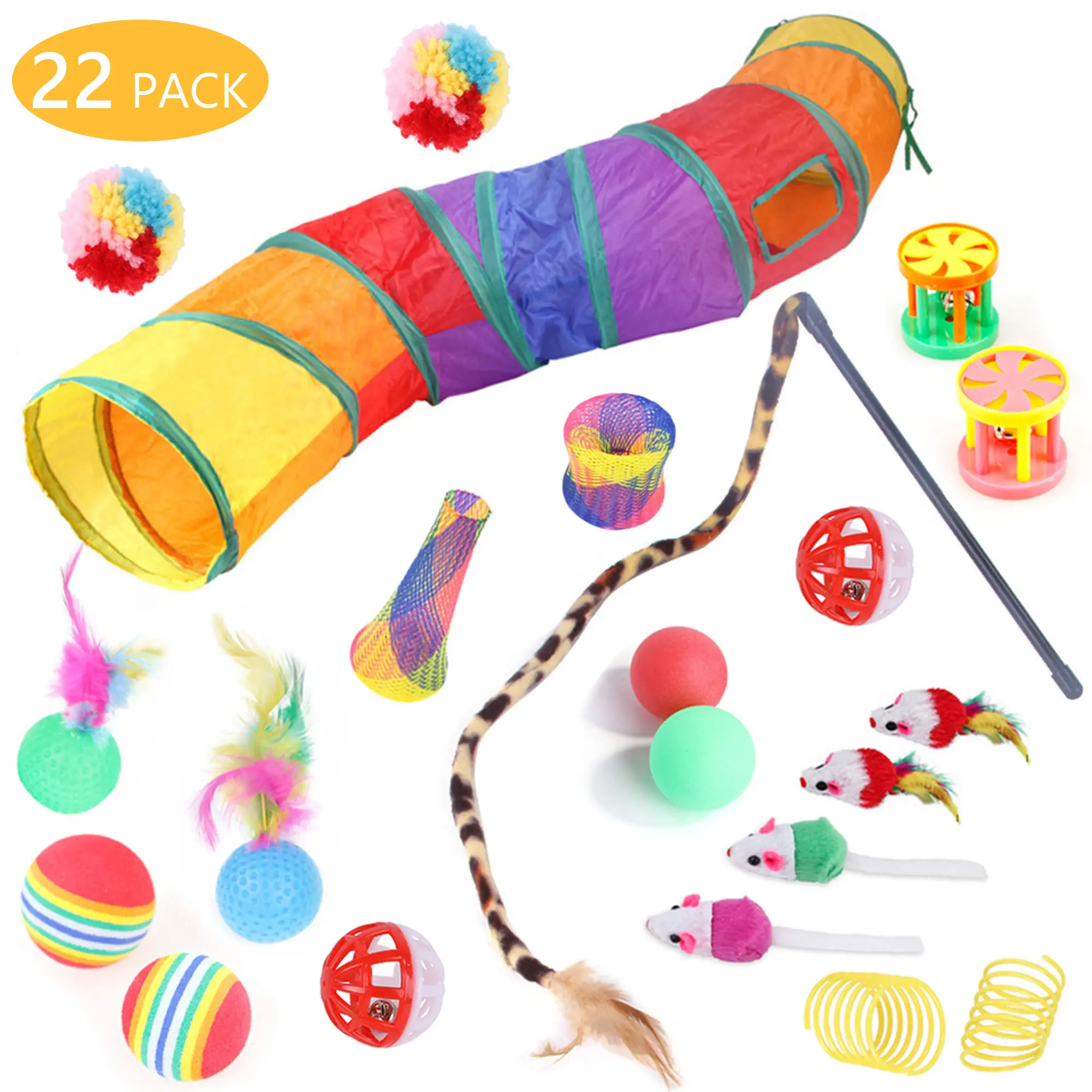 22PCS Folding Camouflage Cat Toy Set - Safe, Natural & Plastic Materials, Bright Colorful Mouse, Plush Bell Ball - Indoor Interactive Entertainment Toy for Kittens, Healthy Exercise to Improve Digestion, Mother's Day Gift