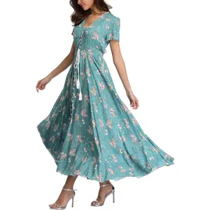 Women's Floral Maxi Dresses Casual Long Summer Boho Beach Dress Short Sleeve Button Up Split Party Dress