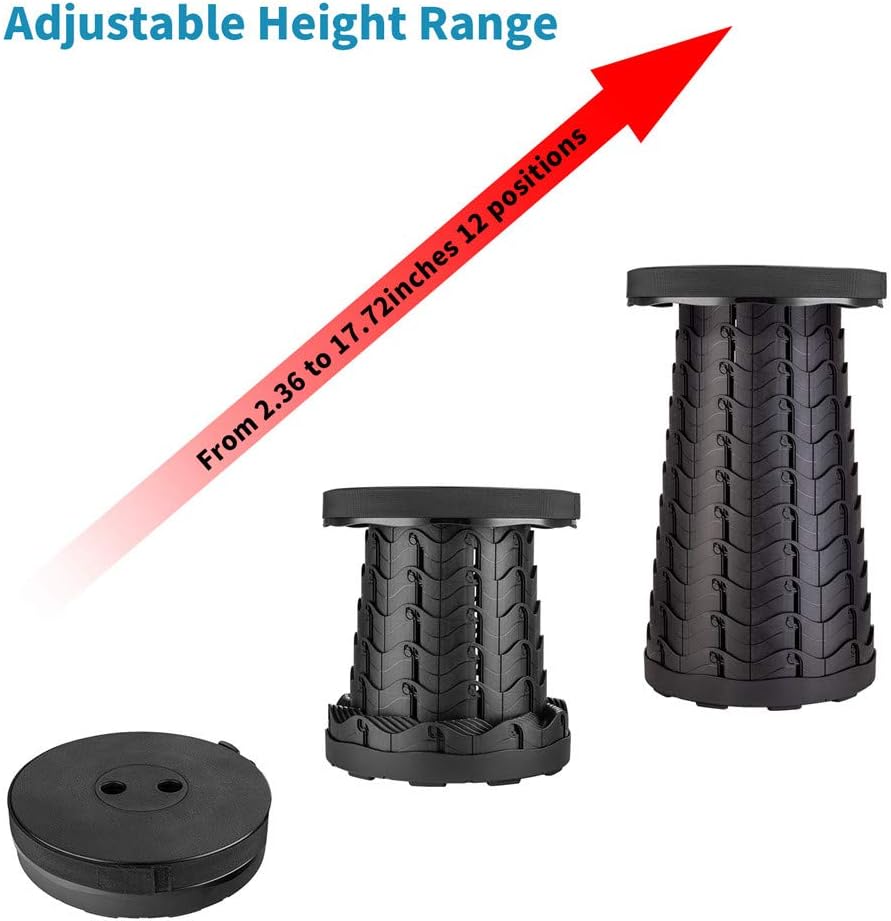 Folding Telescopic Stool Portable Adjustable Height Collapsible Camping Stool Lightweight Outdoor Travel Fishing Hiking BBQ Compact Carry Stool Black