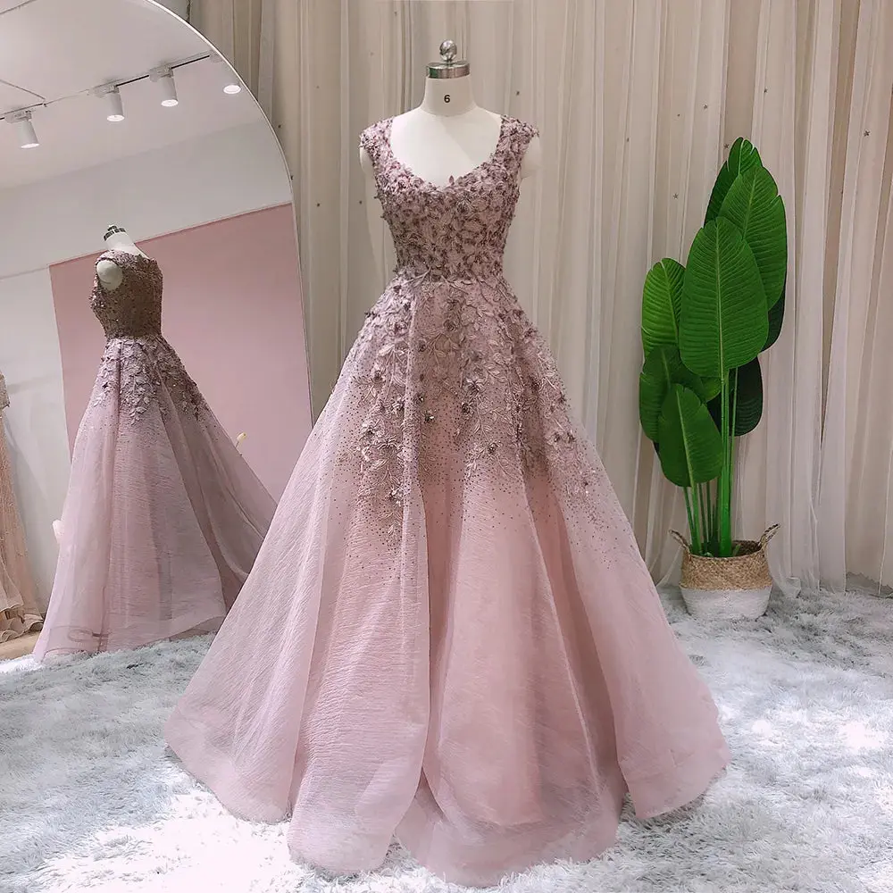 Elegant Ball Gown Rose Pink Evening Dress: Luxury Crystal Arabic Long Formal Dress for Women's Wedding Party