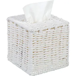 Decorative White Woven Square Tissue Box Holder with Easy Open Refill Bottom, Bathroom Decor Facial Tissues Cover with Sturdy Paper Rope Material