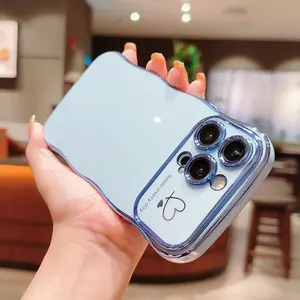 Cute Wave Shape with Love Heart Raised Camera Protection Phone Case Accessories Durable Shiny For iPhone 16 15 14 13 Pro Max Slim Phone Case Shockproof Soft Case Compatiable with Wireless Charging Curly Shape Case Cover