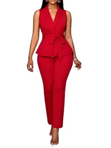 Women's Elegant Solid Color Sleeveless Vest and Long Pants Set with Belt, Casual Commuter, Two-Piece Suit Formal