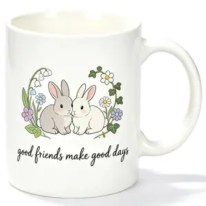 Cute Rabbit Mug with 3D Handle, 11 oz Floral Print Coffee Cup, Vintage Floral Print Tea Cup Novelty Easter Gift for Women Girls Holiday Birthday