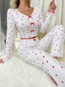 Women's Heart Print Pajama Set Pjs, Aesthetic V Neck Long Sleeve Top and Pants, Comfortable Knit Fabric, Fit, Bow Detail, Casual Homewear Loungewear Nightwear for Fall Winter