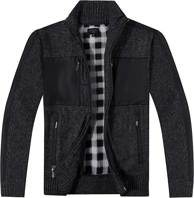 Full Zip Cardigan Patch Design Sweater with Brushed Flannel Lining - Charcoal