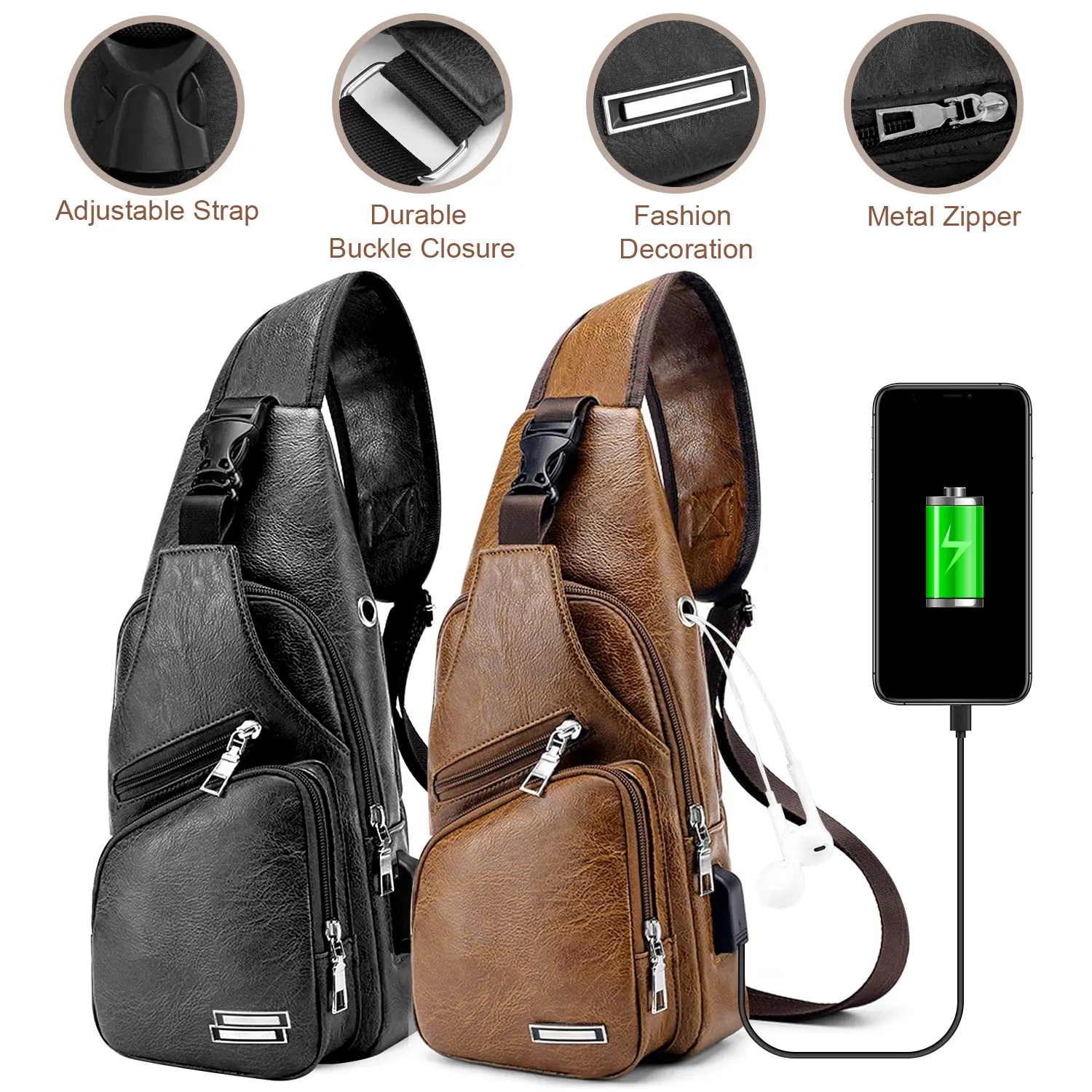 Sling Bag Cross Body Handbag for Men Women, PU Leather Chest Bag with USB Charging Port Waterproof Casual Daypack Travel Sports Hiking Crossbody Bag