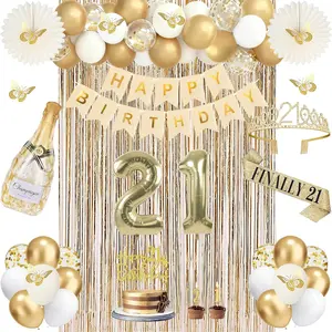 21st Birthday Decorations for Her, Champagne Gold Happy 21st Birthday Decorations for Girls, 21 Sash and Crown, Banner, Fringe Curtains, Hanging Paper Fans, 21 Year Old Party Supplies Set