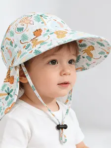 Summer Kids Neck Protection Sun Hat, Adjustable Wind Cord, Cute Cartoon Print, Breathable Walker Fisherman Hat, Outdoor Activities, Newborn Toddler Hats, 0-3 Years, 4 Colors Available