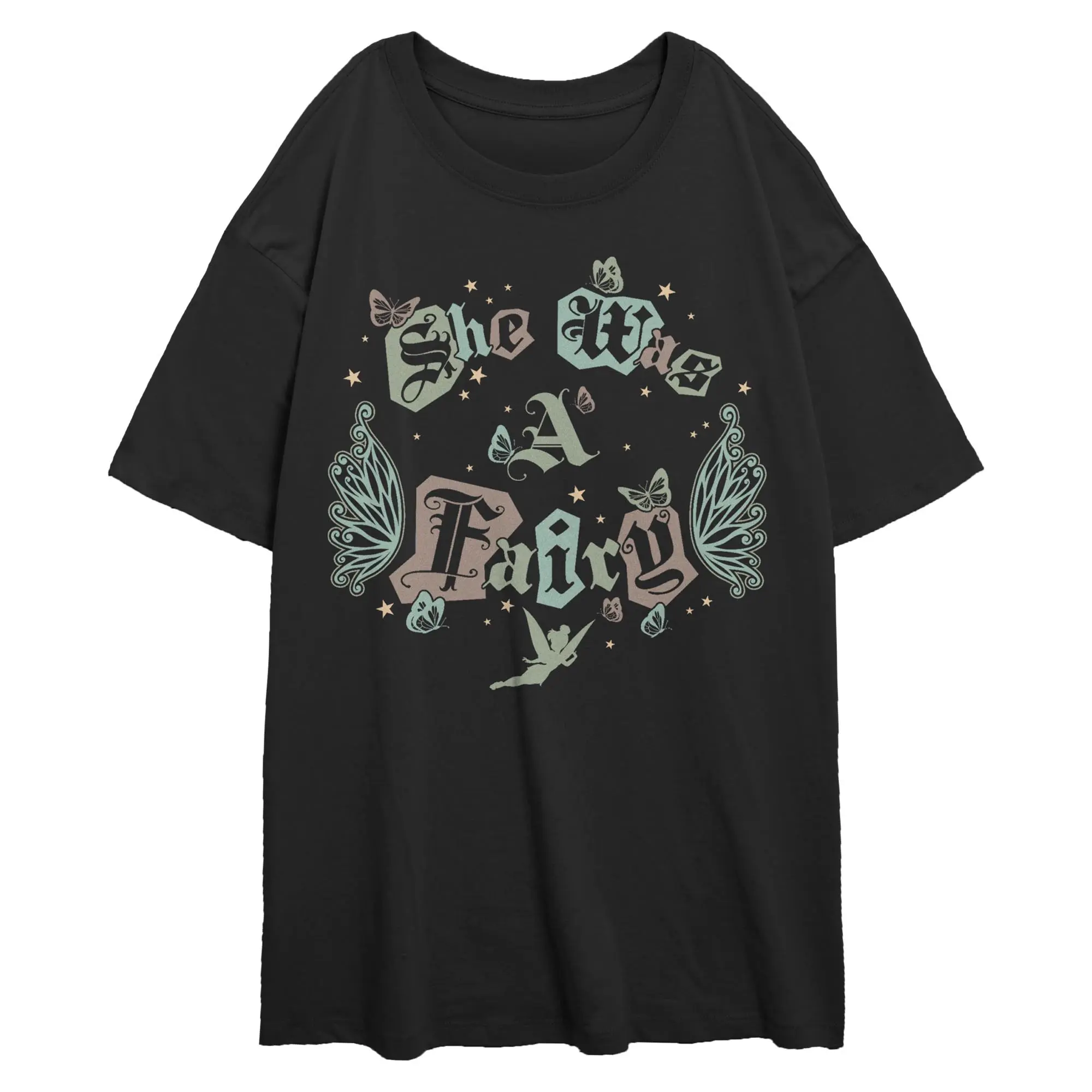Peter Pan Juniors' Oversized Tinker Bell Graphic T-Shirt, Printed Cotton Shortsleeve Round Neck Style, Top, Tee, Day, Fit