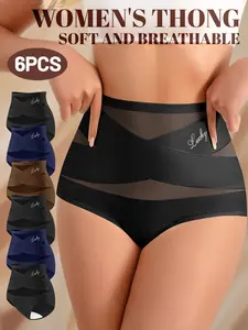 6-Pack High-Waisted Waist Trainer Women's Underwear, Breathable Mesh Cross Design Seamless Triangle Panties, Shapewear Butt Lifter, Womenswear, Lady