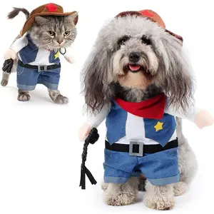 Small Dog Cowboy Costume with Hat 2pcs Funny Halloween Chucky Costumes Cool West Cowboy Uniform Puppy Denim Overalls Western Cosplay Sheriff Outfits Cat Apparel (Western Cowboy Doll, Small)
