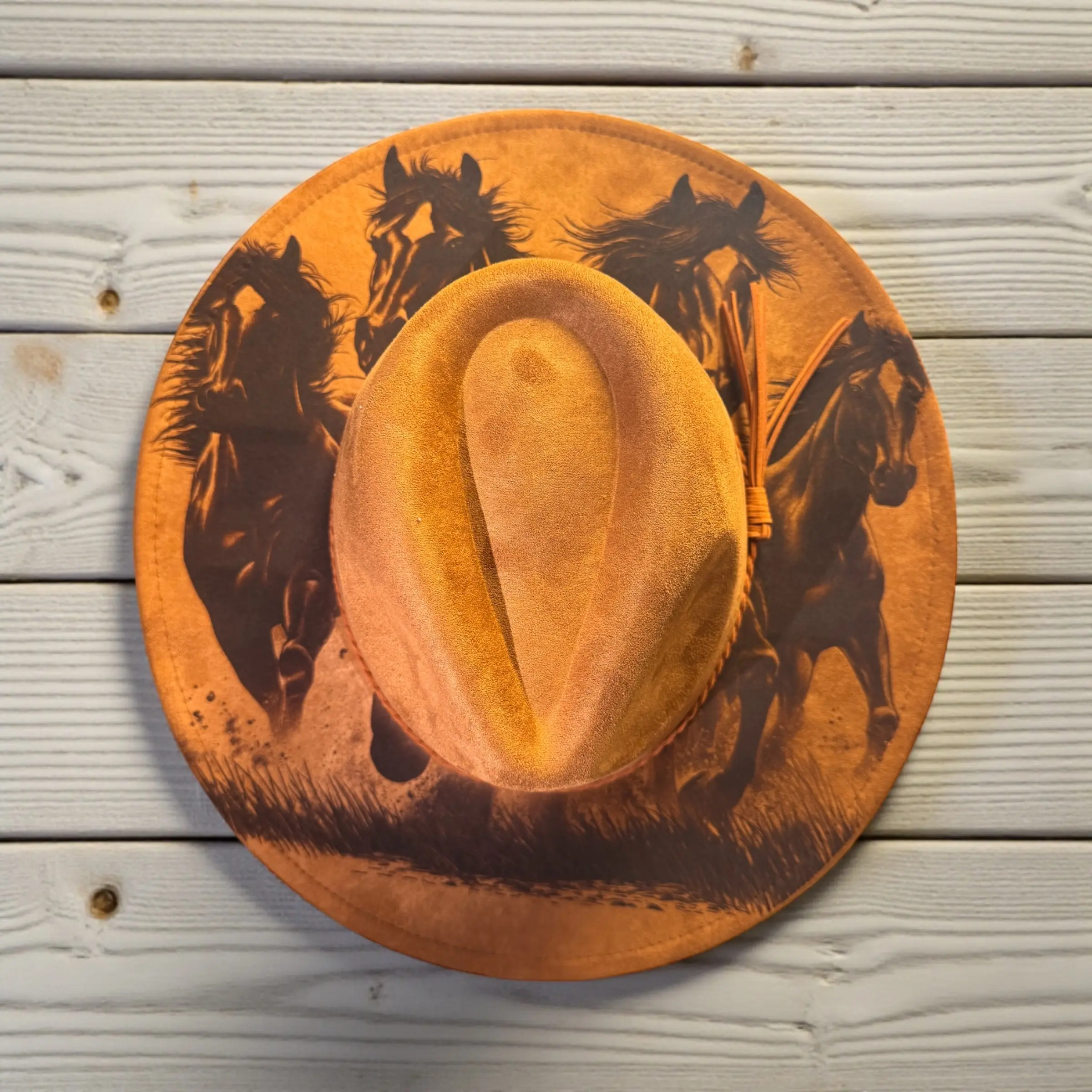 Engraved Cowboy Hat with Running Horses | Western Horse Hat | Rustic Ranch Cowboy Hat | Horse Lover Gift | Custom Western Hat