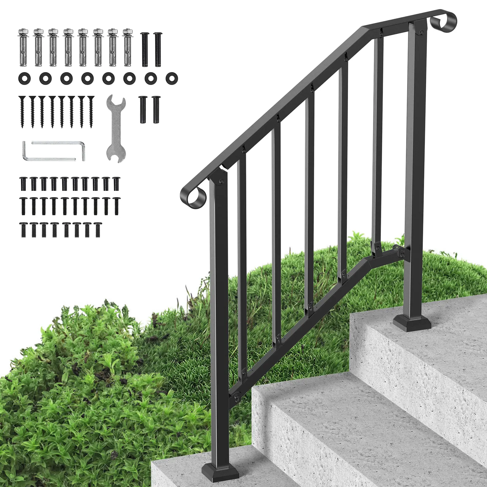 【Summerfinds】VEVOR Handrails for Outdoor Steps,2-3 Step Stair Hand Rail KitTransitional Carbon Steel Railings with Installation KitStair Rails for SeniorsConcrete Steps & Porch & DeckBlack Retro Arch, Adjustable Steps Accessories