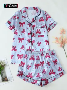 Women's Leopard Print Bowknot Shirt & Shorts Set, Pajamas, Casual Home Wear, All-Season Fitted, Comfortable Fabric, Batch A01104202