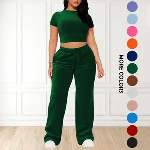 SMSN Women's Solid Tee & Pants 2 Piece Co-ord Set Casual Subtle Flexibility Comfortable Fabric Round Neck Crop Top & Trousers for Daily Wear Minimalist Basic Crewneck Shortsleeve Matching Sets for Women Womenswear Clothes