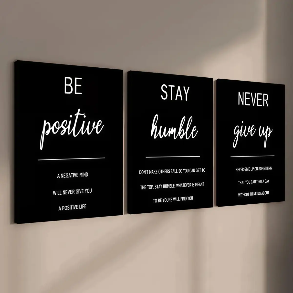 3-count wooden frame canvas, black and white minimalist inspirational short sentence three-piece decorative poster, high-end office poster, home decoration, family poster, modern wall art, Hanging Wall Art, Modern home decoration, Decoration Items