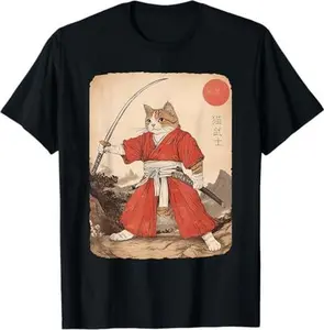 Samurai Cat Warrior Vintage Japanese Anime Art Graphic T-Shirt