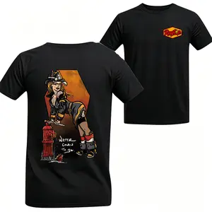 180g[100%cotton]- Firefighter Firewoman Pin-Up T-Shirt, 2-Sided Water Comin To Ya Graphic Tee, Fire Department Cotton Shirt for Fire Service Enthusiasts, Shirts for men
