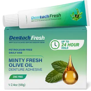 HOT 2026 * Denttach Fresh Denture Adhesive with Invigorating Mint Flavor, Petroleum Free Olive Oil Based Denture Cream for Full and Partial Dentures, All Day Hold Denture Glue, Zinc Free, 2.4 Ounce