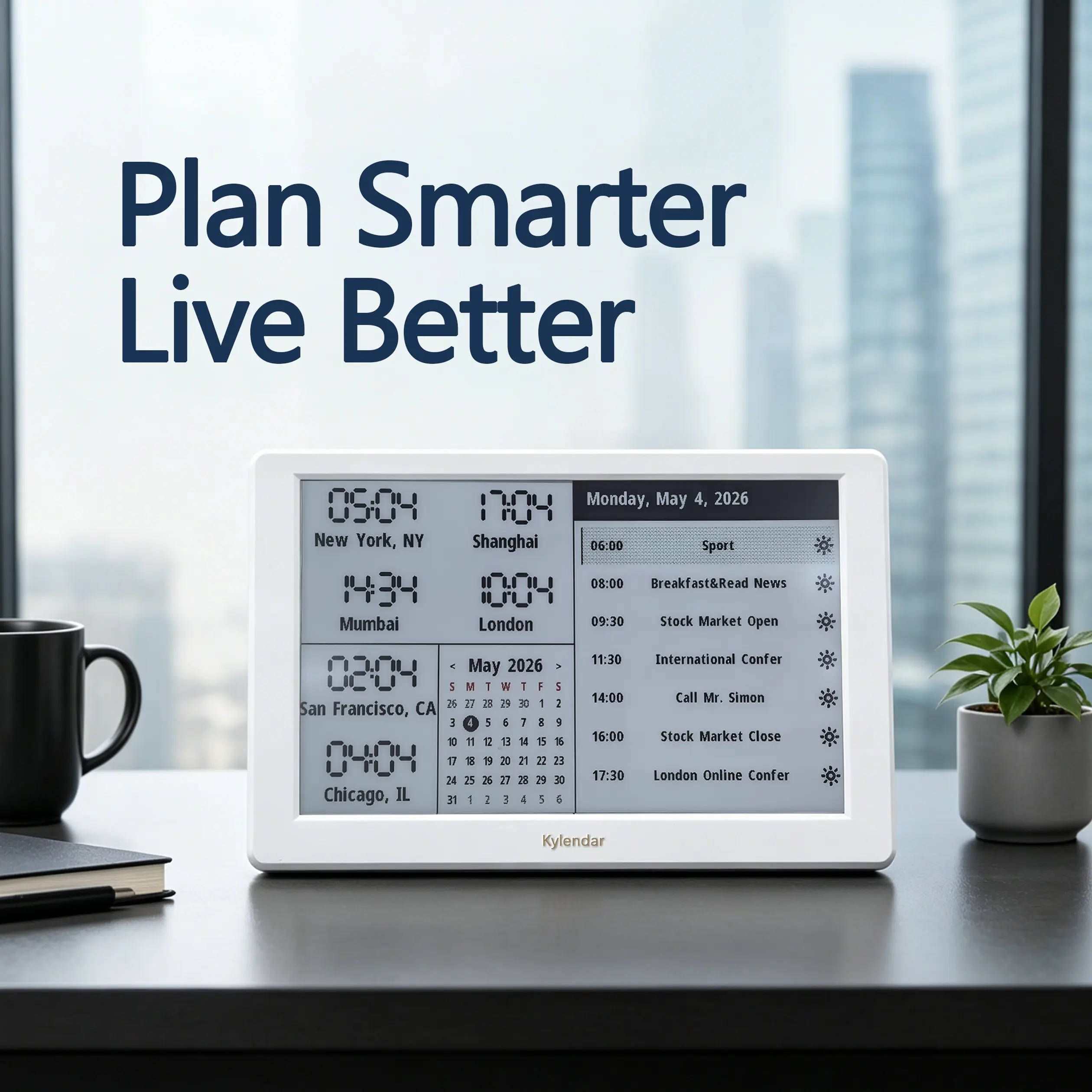 Kylendar V2 Smart E-Paper World Clock - Blue Light-Free Eye-Friendly Screen, Smart Digital Calendar, Weekly Planner, Office Desk Organizer, Multifunctional Office Stationery for Tech-Enhanced Living