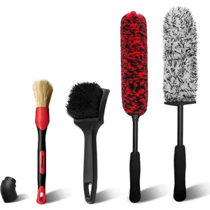 4 Pack Car Wheel Cleaning Kit, Bendable Wheel Brush and Microfiber Rim Cleaner Brush, Tire Brush and Car Detailing Brush, Soft & No-Scratch Car Wheel Rim Brush Set For All Wheel Types, Red